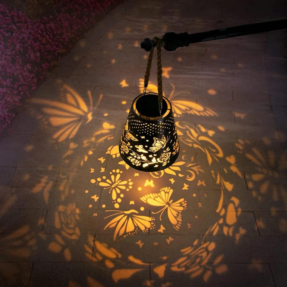 태양열 LED 걸이식 랜턴, 나비 꽃 프로젝션 램프, 야외 조명, 정원 장식, 충전식 햇빛